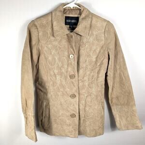 Bernardo PXS Tan Genuine Leather Embroidered Jacket Women Button Front Boho Moto